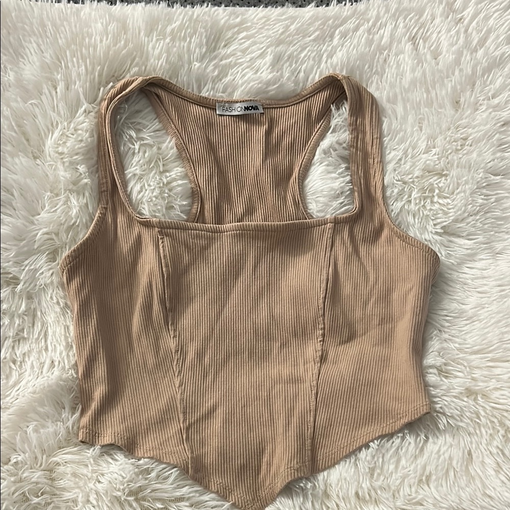 Fashion Nova Tan Asymmetrical Crop Tank Top